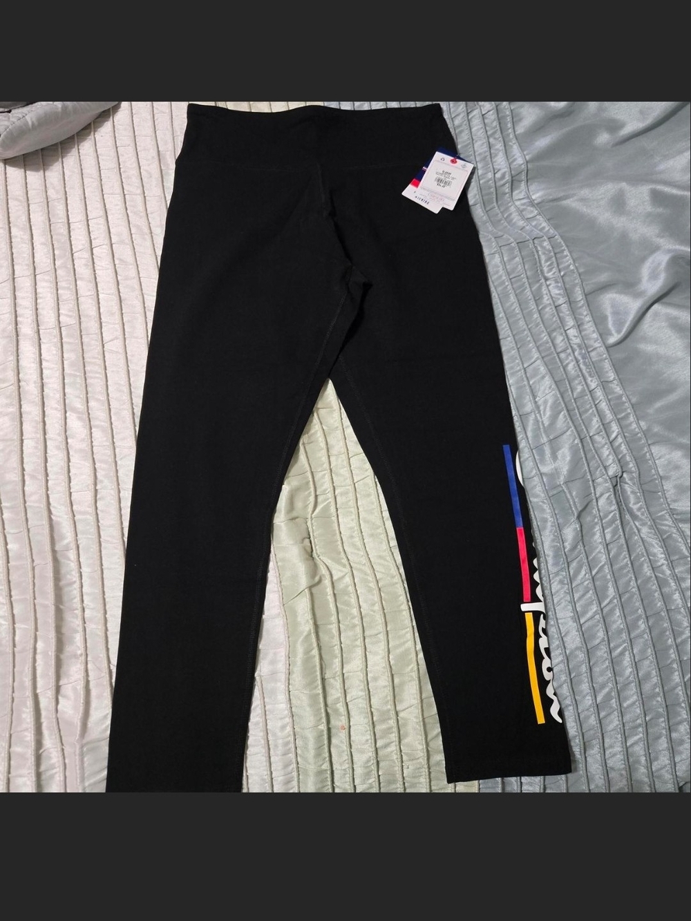 Champion Black Leggings with Blue Pink Yellow Accent